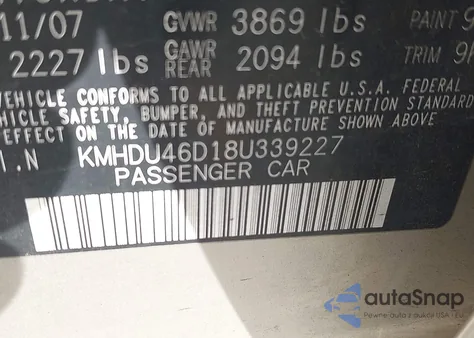 2008 Hyundai Elantra Gls/Se from USA, damaged, VIN KMHDU46D18U339227